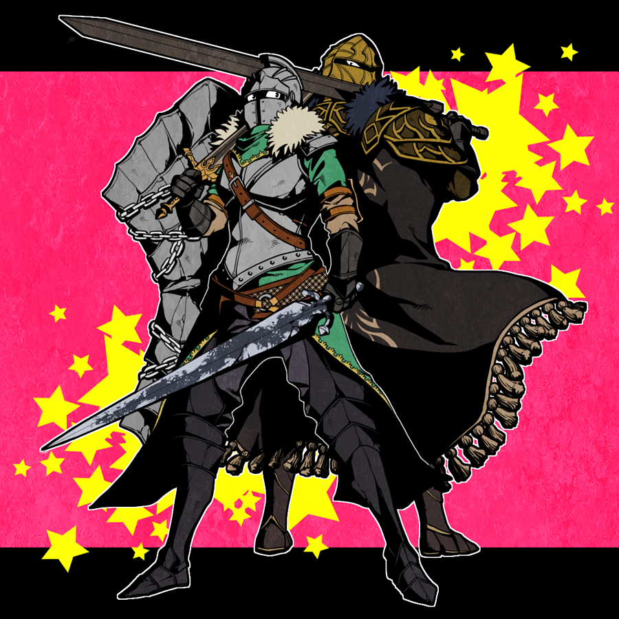 ahirushira, bearer of the curse, dark souls (series), dark souls ii, commentary request, 2others, ambiguous gender, armor, armored boots, back-to-back, belt, black cape, black eyes, black gloves, boots, breastplate, brown belt, cape, dual wielding, fringe trim, full body, gloves, green shirt, helm, helmet, holding, holding shield, holding sword, holding weapon, looking at viewer, multiple others, other focus, pauldrons, pink background, shield, shirt, shoulder armor, standing, star (symbol), sword, weapon