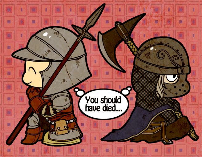 ahirushira, creighton of mirrah, mild mannered pate, dark souls (series), dark souls ii, commentary request, 2boys, armor, axe, blue cape, boots, brown boots, brown gloves, brown pants, brown shirt, cape, chainmail, chibi, chibi only, closed eyes, closed mouth, english text, full body, gloves, grey hair, helmet, holding, holding axe, holding polearm, holding weapon, male focus, mask, masked, multiple boys, pants, pink background, polearm, shirt, short hair, smile, spear, weapon