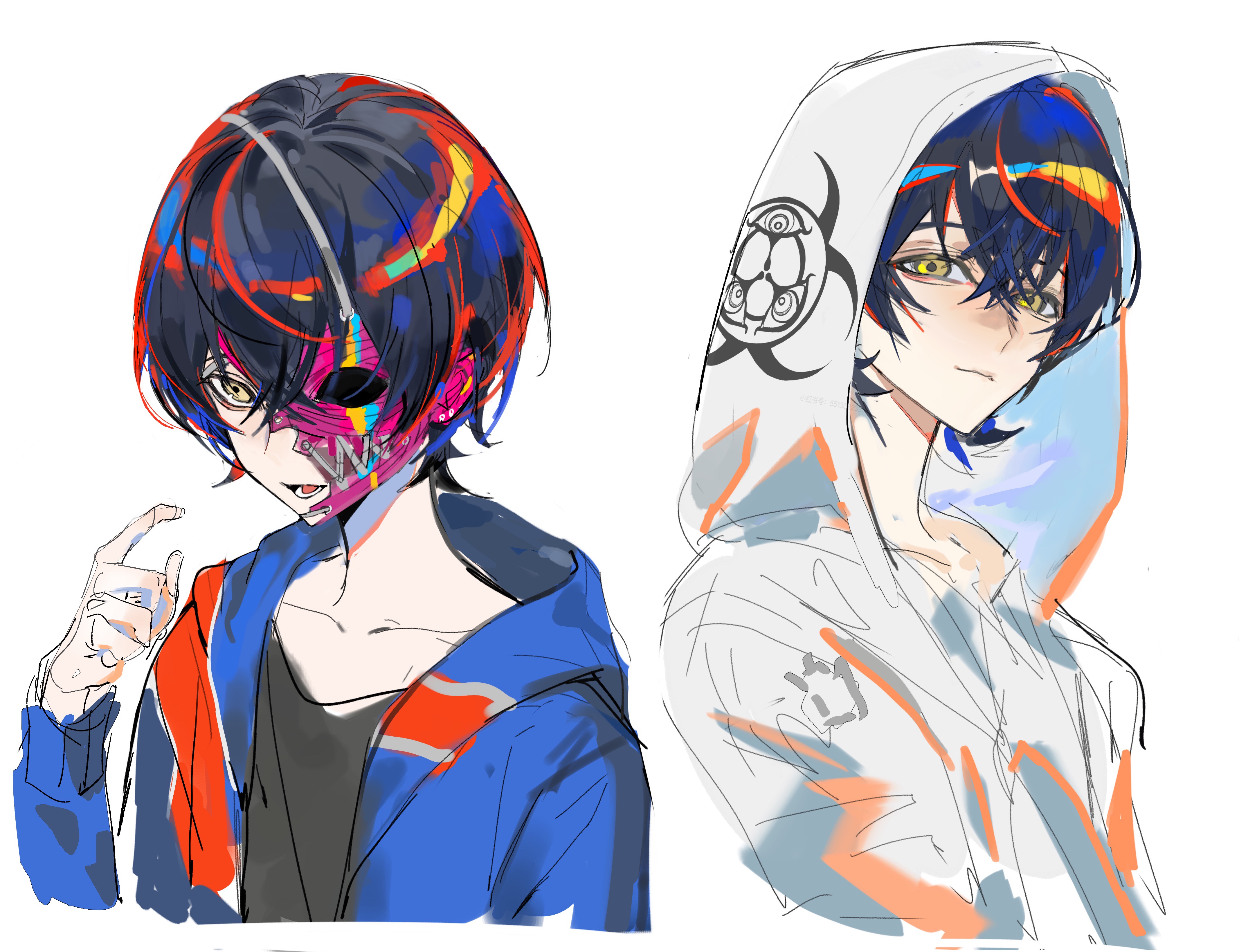 binxngchng1, absurdres, chinese commentary, commentary request, highres, 1girl, biohazard symbol, black hair, coat, collarbone, cropped torso, dual persona, hair between eyes, half mask, hand up, hood, hood up, jacket, long sleeves, looking at viewer, lower teeth only, mask, multiple views, open clothes, open jacket, rei shimobe, reverse trap, shirt, short hair, shuten order, simple background, sketch, smile, teeth, white background, white coat, yellow eyes