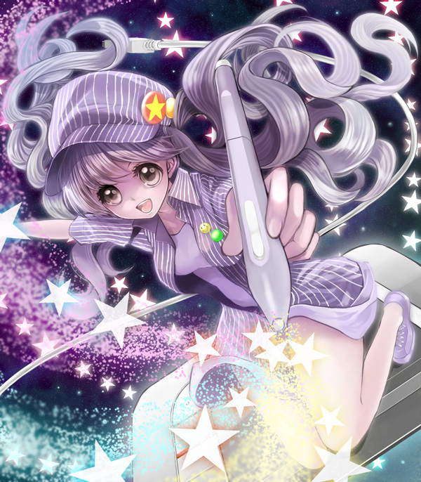 kudo kunugi, original, 1girl, :d, breasts, collared shirt, drawing tablet, floating hair, foreshortening, full body, grey eyes, grey hair, grey hat, grey shoes, hat, holding, holding stylus, layered shirt, long hair, looking at viewer, medium breasts, newsboy cap, open clothes, open mouth, open shirt, shirt, shoes, short sleeves, smile, solo, star (symbol), stylus, too many stars, twintails, very long hair, white shirt, wing collar