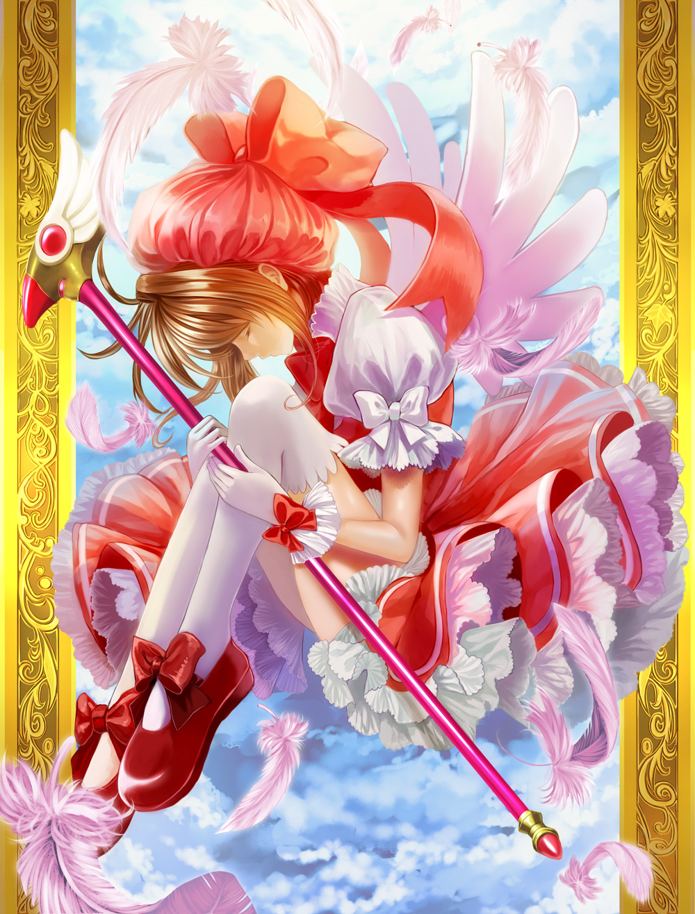 kudo kunugi, kinomoto sakura, kinomoto sakura (magician), cardcaptor sakura, highres, 1girl, border, bow, brown hair, closed eyes, cloud, cloudy sky, day, dress, falling feathers, feathers, footwear bow, from side, full body, fuuin no tsue, glove bow, gloves, hat, holding, holding wand, magical girl, ornate border, puffy short sleeves, puffy sleeves, red bow, red dress, red hat, red shoes, shirt, shoes, short hair, short sleeves, sky, solo, thighhighs, wand, white feathers, white gloves, white shirt, white thighhighs, white wings, wings