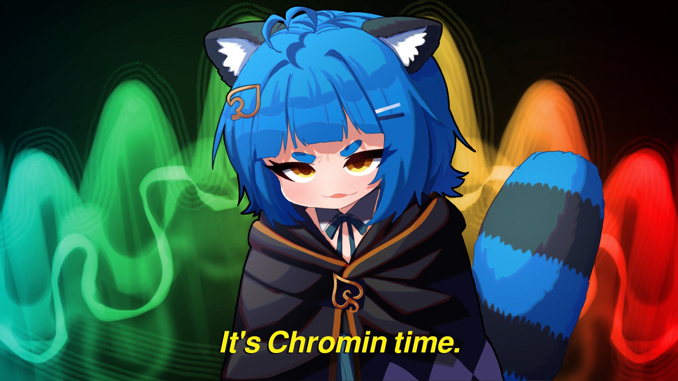 ryoshi, poko rakun, chromashift, commentary, commission, english commentary, highres, 1girl, :3, ahoge, animal ears, black cloak, blue hair, blue ribbon, blunt bangs, blush, cloak, detached collar, english text, eyelashes, hair ornament, hairclip, it's morbin' time (meme), leaf hair ornament, meme, neck ribbon, open mouth, raccoon ears, raccoon girl, raccoon tail, ribbon, short hair, smile, solo, tail, thick eyebrows, upper body, v-shaped eyebrows, virtual youtuber, yellow eyes