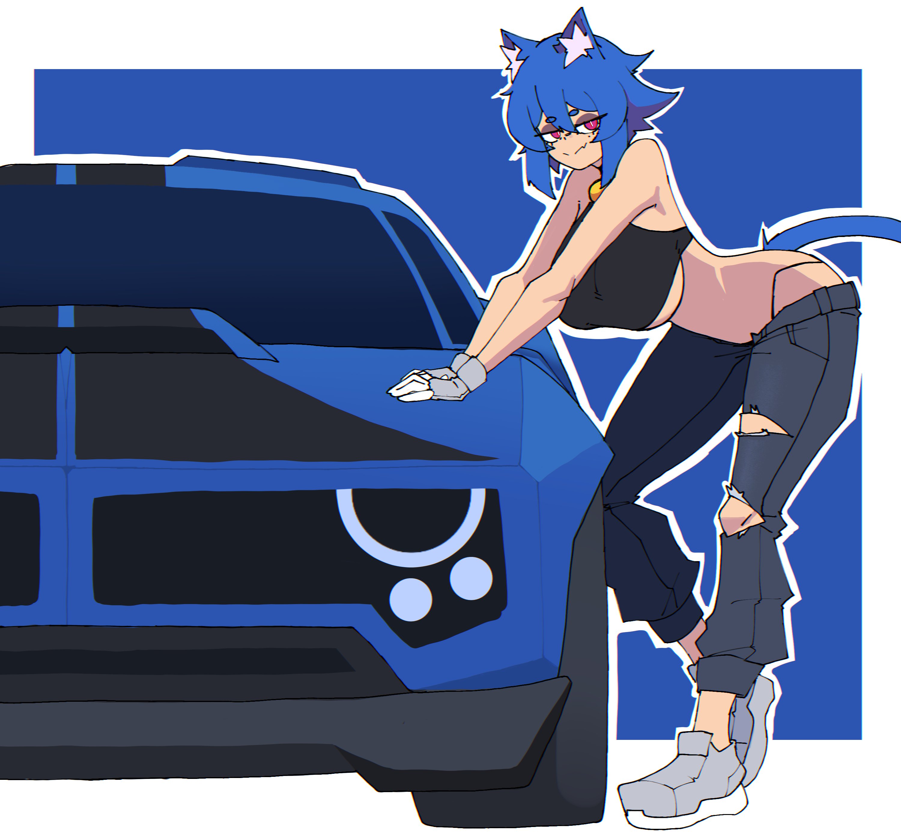 doce, xiao (docecaedrus), original, absurdres, highres, 1girl, animal ear fluff, animal ears, arched back, bell, black panties, black shirt, blue background, blue car, blue hair, blue pants, breasts, car, cat ears, cat girl, cat tail, closed mouth, crop top, denim, fang, female focus, freckles, from side, full body, gloves, grey gloves, grey shoes, hair between eyes, half-closed eyes, jeans, jingle bell, leaning forward, looking at viewer, motor vehicle, panties, pants, pantylines, pink eyes, shirt, shoes, short hair, skin fang, smile, solo, tail, torn clothes, torn jeans, torn pants, underboob, underwear, vehicle focus