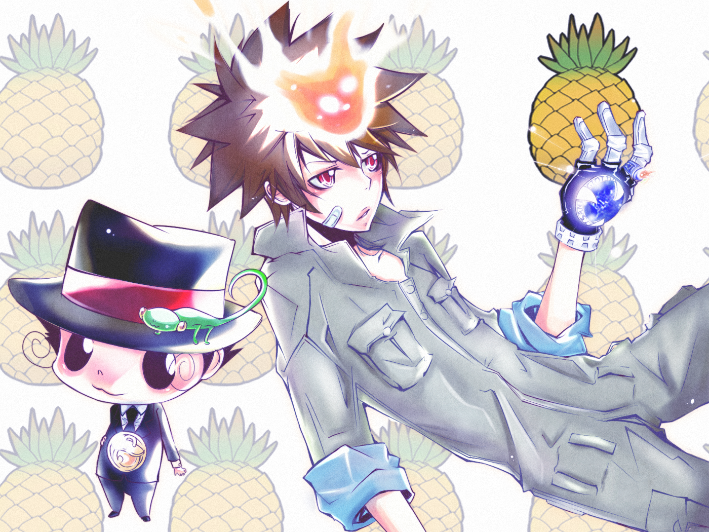 leon, teen123, leon (katekyo hitman reborn!), reborn, sawada tsunayoshi, katekyo hitman reborn!, bad id, bad pixiv id, 00s, 1boy, :3, bandaid, black eyes, black hair, bodysuit, brown hair, chameleon, food, formal clothes, fruit, gloves, hat, holding, holding food, holding fruit, jumpsuit, lizard, male focus, necktie, pineapple, pink eyes, short hair, sleeves rolled up, smile, spiked hair, suit