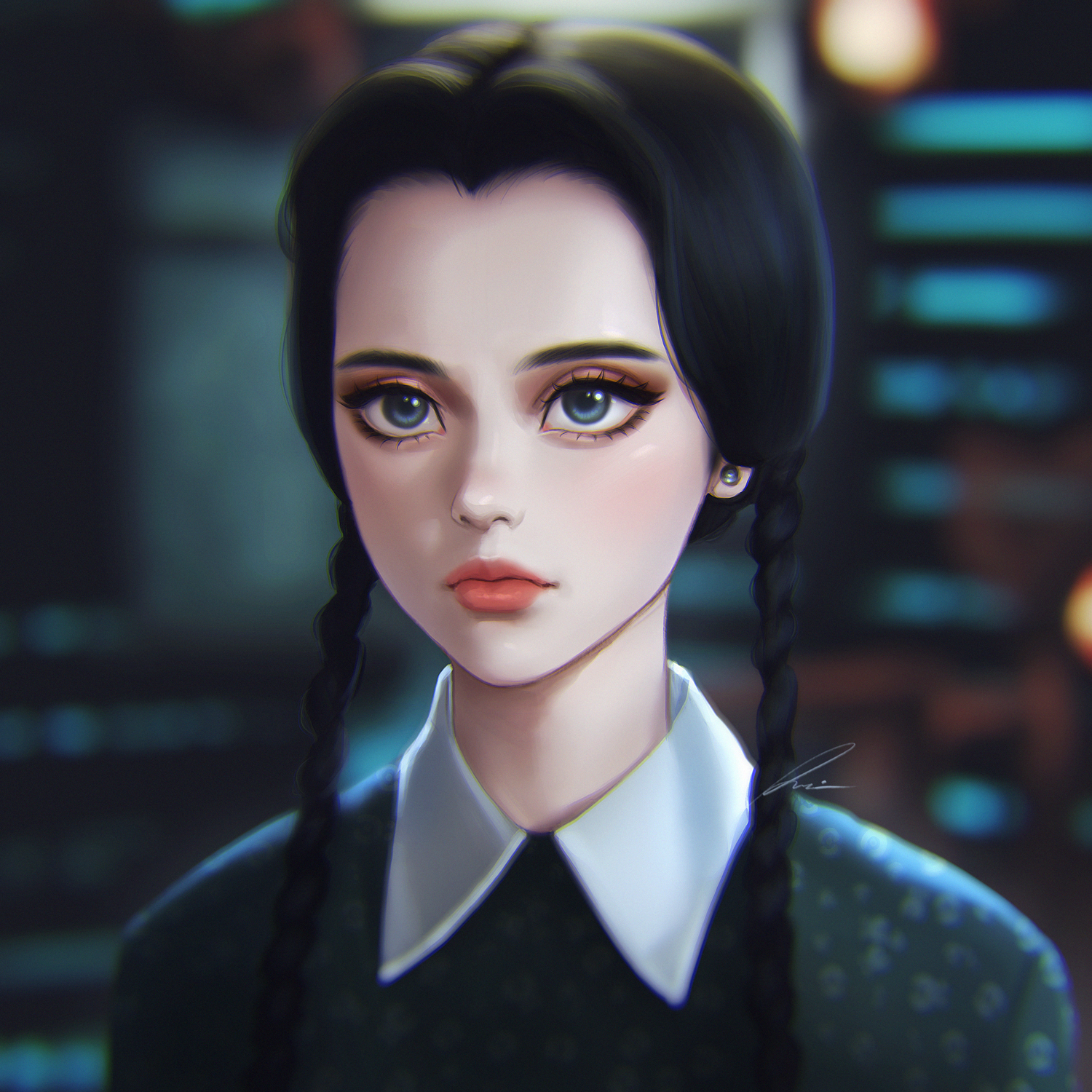 umigraphics, wednesday addams, addams family, wednesday (netflix), highres, 1girl, black hair, blue eyes, blurry, blurry background, braid, collared shirt, earrings, jewelry, long hair, looking at viewer, portrait, red lips, shirt, solo, twin braids
