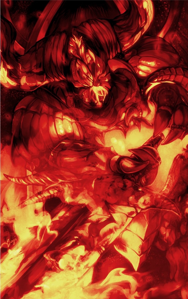 pharis, dark souls (series), dark souls ii, commentary request, demon, fire, holding, holding sword, holding weapon, monochrome, monster, no humans, orange theme, smelter demon, sword, weapon, wings