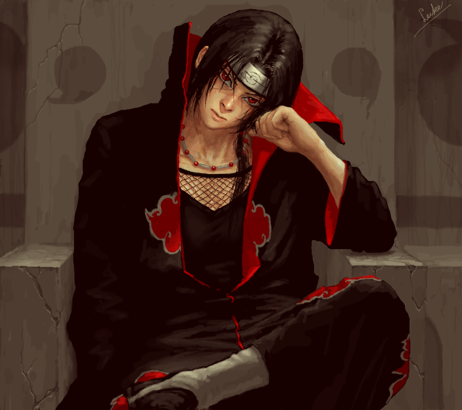 luke uehara, uchiha itachi, naruto (classic), naruto (series), 1boy, black hair, head rest, headband, male focus, red eyes, sitting, solo, throne