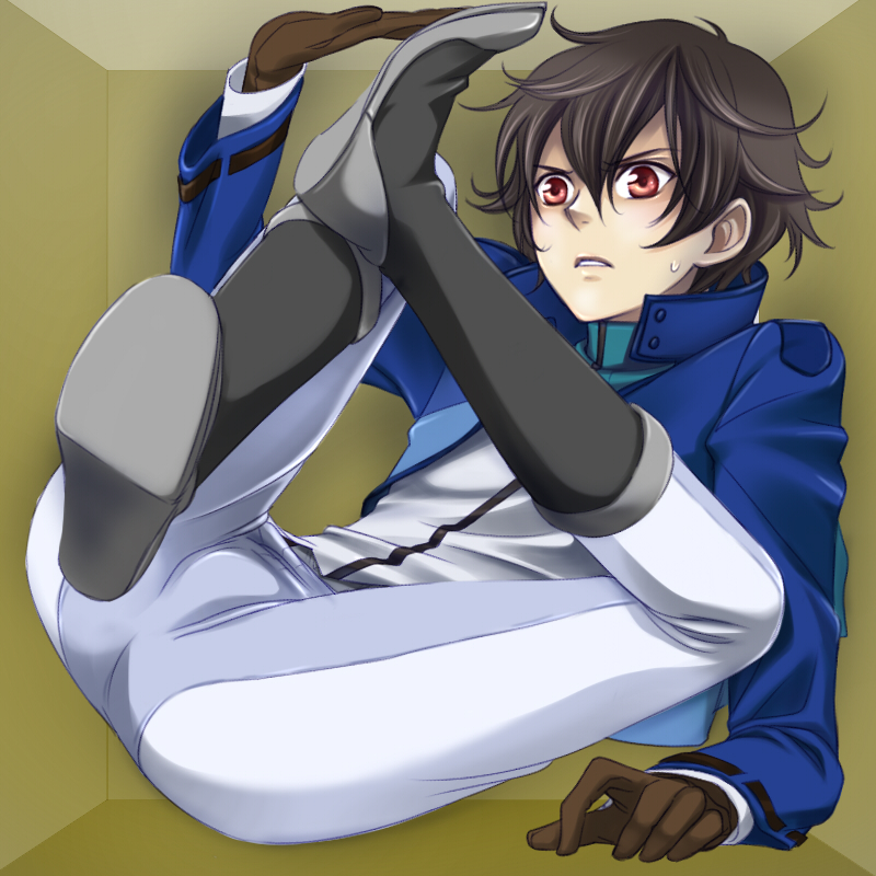 kumano yuzuko, setsuna f. seiei, gundam, gundam 00, uniform, 00s, 1girl, black boots, boots, box, brown gloves, brown hair, capelet, encasement, female focus, frown, gloves, hair between eyes, knee boots, long sleeves, pants, parted lips, red eyes, short hair, solo, sweatdrop, white pants