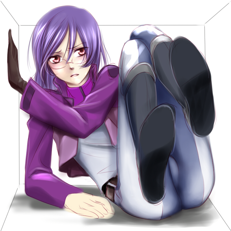 kumano yuzuko, tieria erde, gundam, gundam 00, bad id, bad pixiv id, 00s, 1boy, blush, boots, box, glasses, male focus, purple hair, red eyes, solo