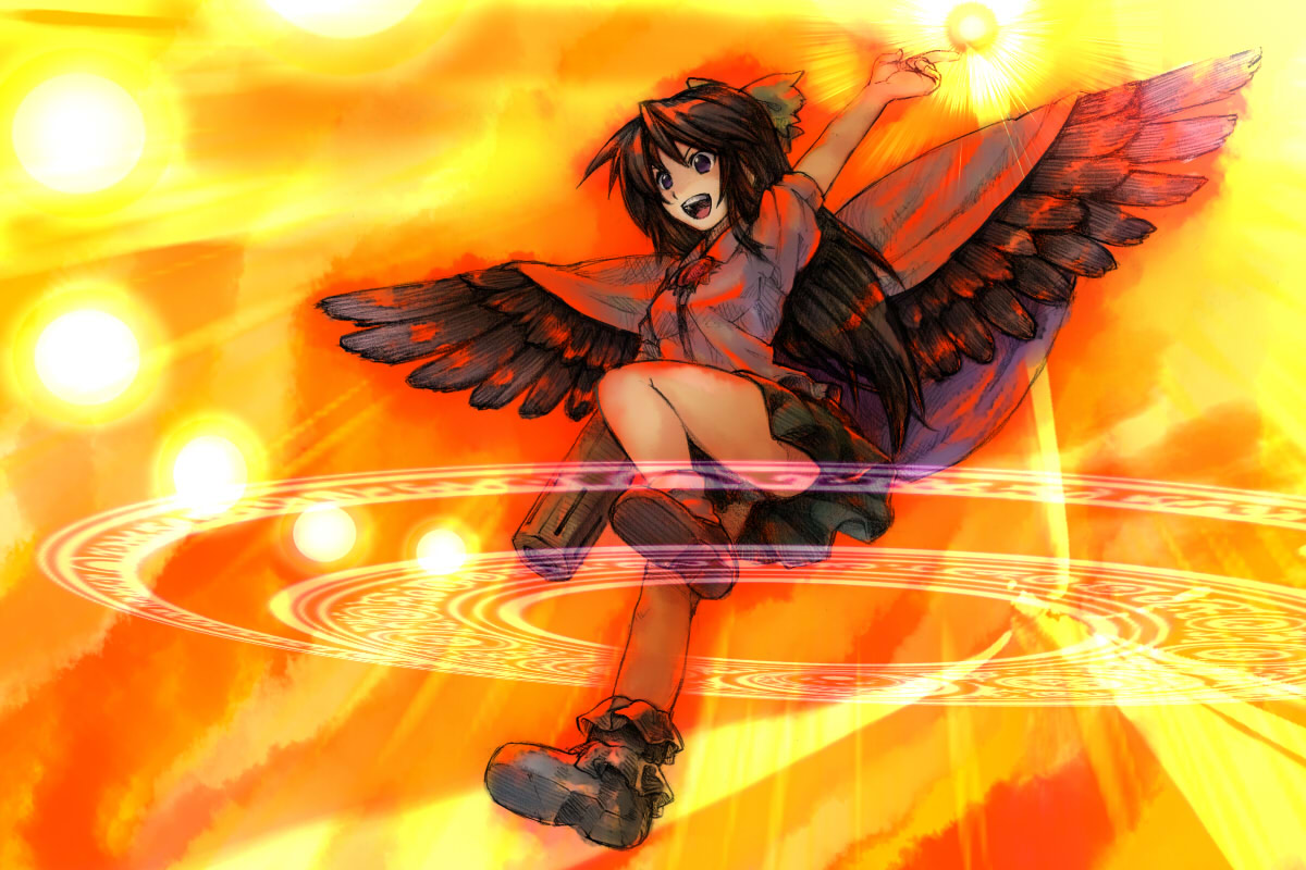 aisora, reiuji utsuho, touhou, bad id, bad pixiv id, 1girl, black hair, blue eyes, danmaku, female focus, full body, gradient background, long hair, magic circle, panties, pantyshot, ribbon, skirt, solo, underwear, wings