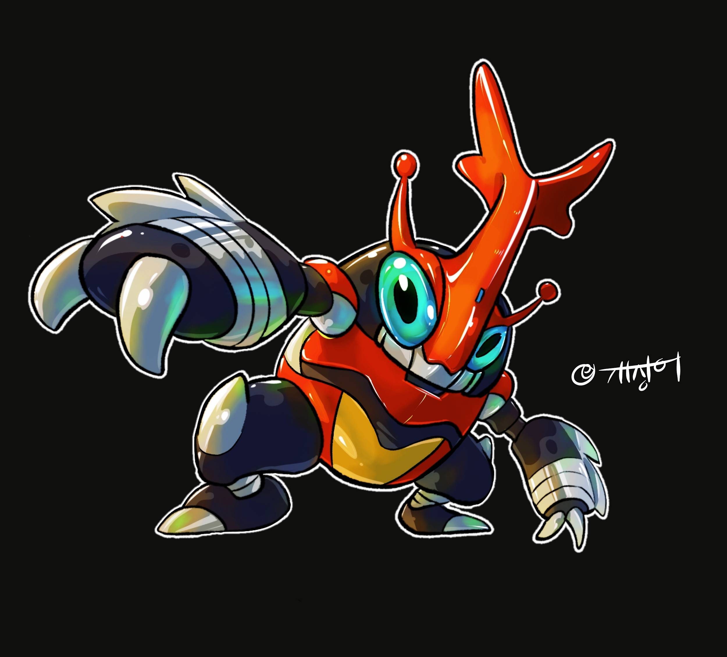 eeldog, heracross, kamen rider, nintendo, pokemon, highres, black background, full body, gen 2 pokemon, looking at viewer, no humans, pokemon (creature), simple background