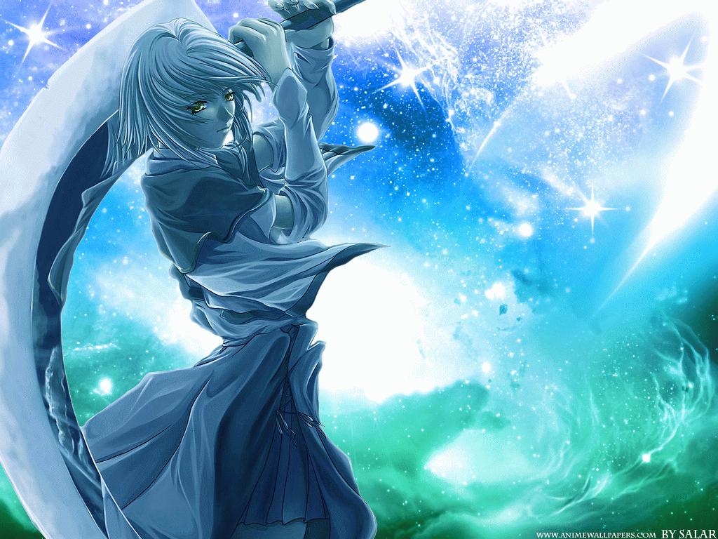 1girl, crescent sword, female focus, huge weapon, solo, sword, watermark, weapon, white hair, yellow eyes