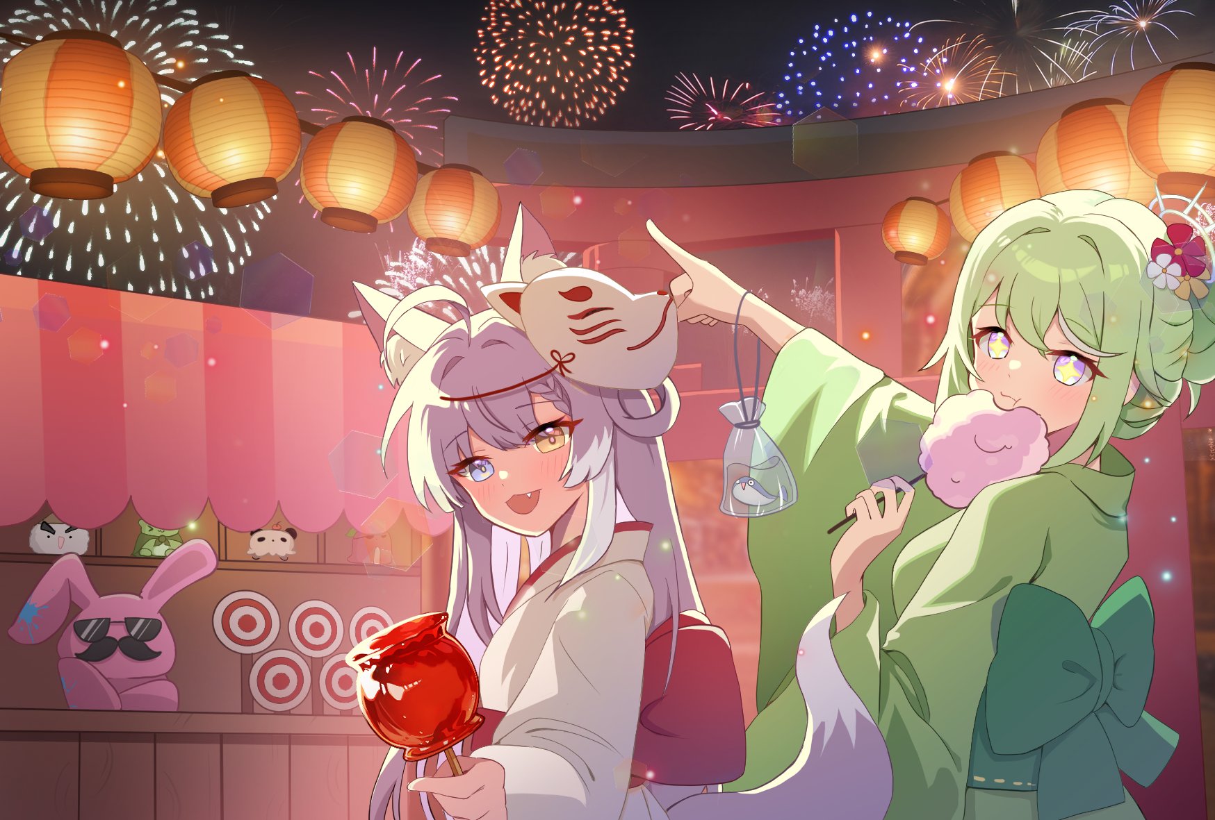 chico (yuzuha riko), peto (hanako nana), tenko shibuki, yuzuha riko, stellive, hashtag-only commentary, highres, jpeg artifacts, 2girls, aerial fireworks, ahoge, animal ear fluff, animal ears, aqua eyes, braid, candy apple, cotton candy, eating, fang, fireworks, flower, food, fox mask, ggang kong126, green hair, grey hair, grey tail, hair flower, hair ornament, hand up, heterochromia, holding, holding candy apple, holding cotton candy, holding food, inari (tenko shibuki), japanese clothes, kimono, lantern, long hair, long sleeves, looking to the side, mask, mask on head, multiple girls, night, night sky, obi, open mouth, orange eyes, outdoors, outstretched arm, outstretched hand, paper lantern, pointing, purple eyes, reaching, reaching towards viewer, sash, sky, smile, star-shaped pupils, star (symbol), summer festival, symbol-shaped pupils, turning head, virtual youtuber, white kimono, yellow pupils