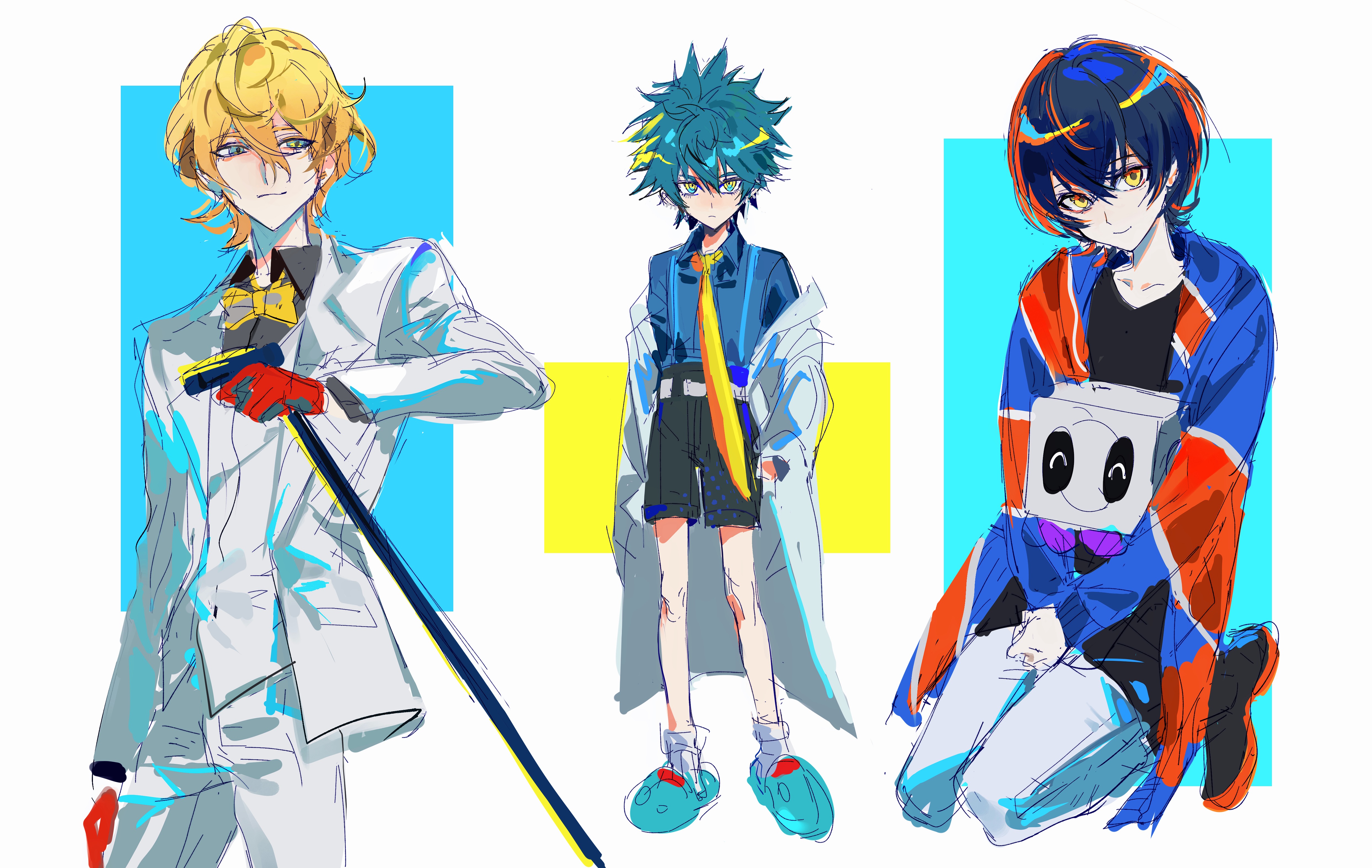 binxngchng1, absurdres, chinese commentary, commentary request, highres, 1girl, 2boys, ^ ^, arale (shuten order), black hair, black shirt, black shorts, blonde hair, blue eyes, blue hair, bow, bowtie, cane, closed eyes, coat, coat partially removed, collarbone, gavel, gloves, hair between eyes, holding, holding cane, jacket, kishiru inugami, long sleeves, looking at viewer, multiple boys, open clothes, open jacket, overall shorts, overalls, pants, red gloves, rei shimobe, seiza, shirt, short hair, shorts, shuten order, sitting, smile, spiked hair, teko ion, vest, white coat, white jacket, white pants, white vest, yellow bow, yellow bowtie, yellow eyes