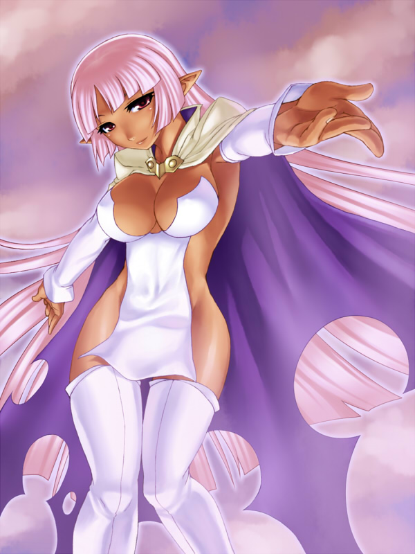 misao (kami no misoshiru), parace l'sia, aq interactive, arcana heart, arcana heart 2, atlus, examu, 1girl, armpits, blush, breasts, cape, cleavage, cloud, covered erect nipples, dark-skinned female, dark skin, detached sleeves, elf, female focus, head tilt, large breasts, long hair, no bra, no panties, outstretched arm, outstretched hand, pink hair, pointy ears, reaching, red eyes, revealing clothes, sky, smile, solo, thigh gap, thighhighs, thighs, torn cape, torn clothes, very long hair, white thighhighs