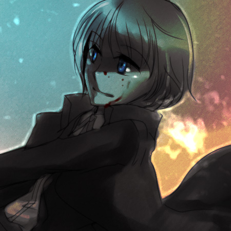 kotono, hansel (black lagoon), black lagoon, silver hair, bad id, bad pixiv id, lowres, 00s, 1boy, androgynous, blood, blood on face, blue eyes, male focus, shaded face, short hair, smile, solo, trap
