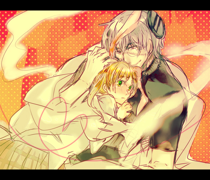 kotono, franken stein (soul eater), maka albarn, soul eater, bad id, bad pixiv id, 00s, 1boy, 1girl, age difference, blonde hair, glasses, green eyes, grey hair, heart, height difference, hug, letterboxed, loli, scar, size difference, star (symbol)