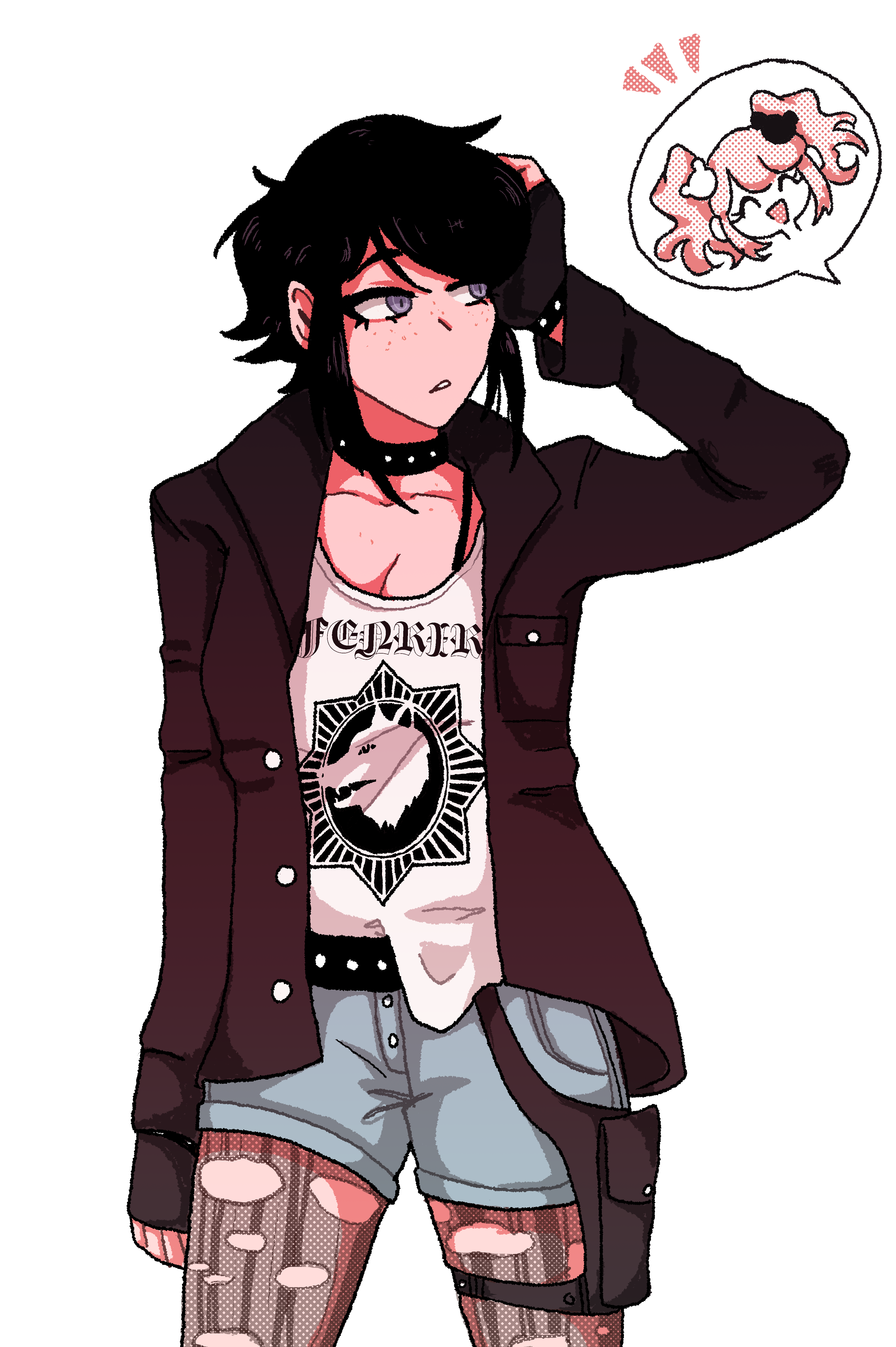 princescar, enoshima junko, ikusaba mukuro, danganronpa: trigger happy havoc, danganronpa (series), absurdres, commentary, english commentary, highres, 2girls, alternate costume, belt, black belt, black choker, black hair, blonde hair, brown gloves, brown jacket, choker, closed eyes, clothes writing, collarbone, cowboy shot, eyelashes, fingerless gloves, freckles, gloves, grey shorts, hair ornament, hand on own hip, jacket, long hair, multiple girls, notice lines, open clothes, open jacket, open mouth, pantyhose, pouch, purple eyes, shirt, short hair, shorts, sidelocks, simple background, smile, solo focus, spoken character, thigh pouch, torn clothes, torn pantyhose, twintails, white background, white shirt