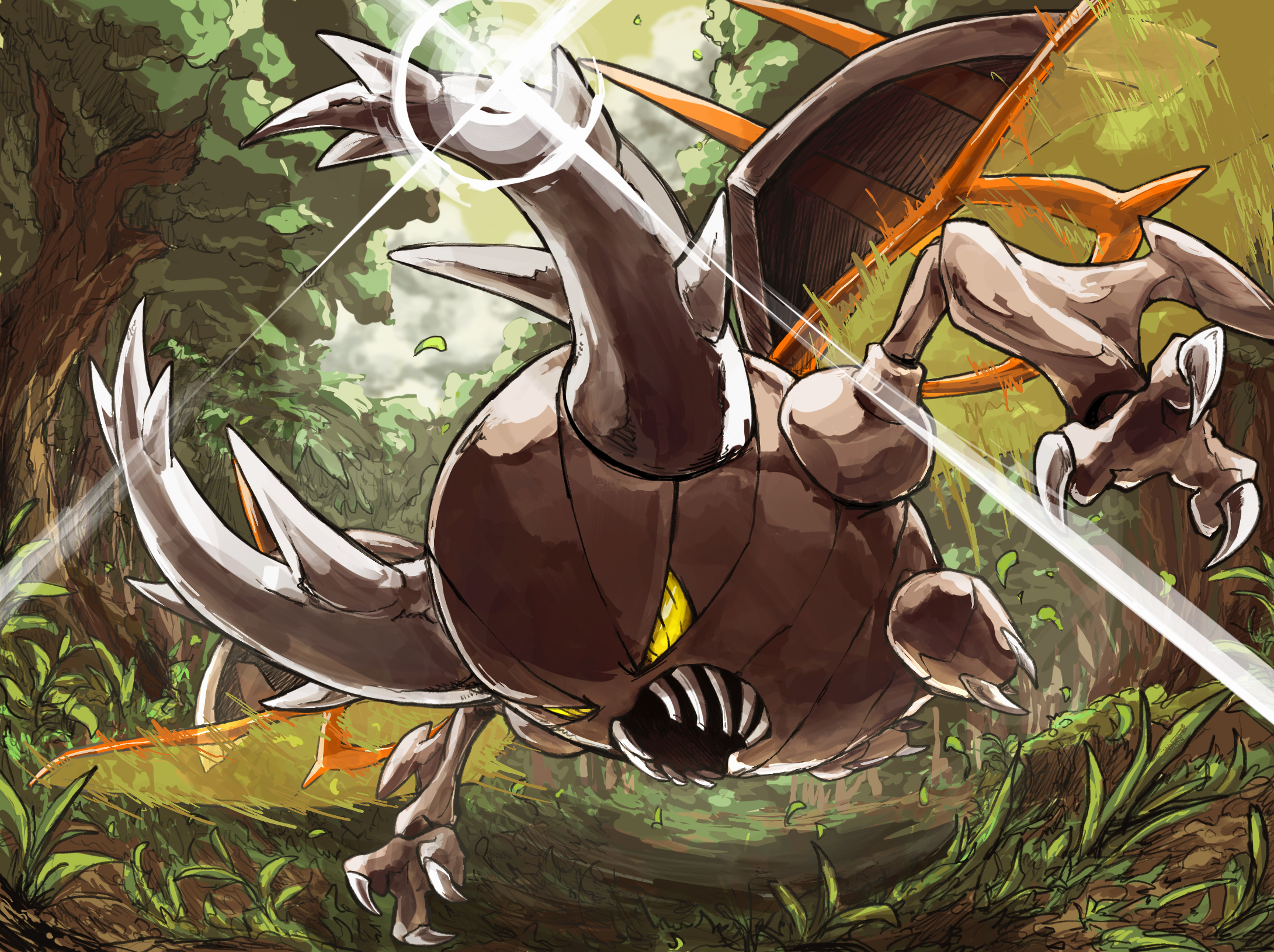 waggy, mega pinsir, pinsir, nintendo, pokemon, highres, day, flying, forest, gen 1 pokemon, mega pokemon, nature, no humans, outdoors, pokemon (creature), solo, sparkle, tree, yellow eyes