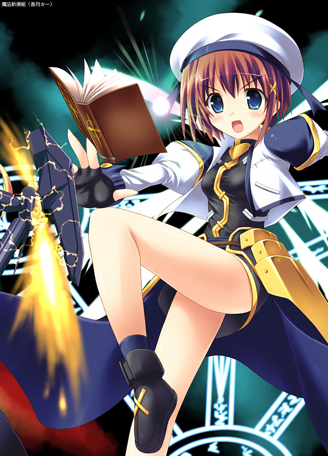 kouzuki hajime, bardiche (haken form) (nanoha), bardiche (nanoha), tome of the night sky, yagami hayate, lyrical nanoha, mahou shoujo lyrical nanoha, mahou shoujo lyrical nanoha a's, 00s, 1girl, :o, bare legs, blush, book, female focus, grimoire, hair ornament, holding, holding book, leg up, long sleeves, looking at viewer, open mouth, solo, standing, standing on one leg, tareme, x hair ornament