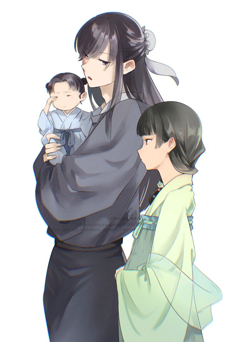 anisatoshii, jinshi (kusuriya no hitorigoto), maomao (kusuriya no hitorigoto), kusuriya no hitorigoto, 1boy, 1girl, 1other, baby, beads, black shirt, blue robe, blunt bangs, bun cover, carrying, carrying baby, carrying person, chinese clothes, closed eyes, cowboy shot, double bun, family, green hair, green robe, hair beads, hair bun, hair ornament, hair over shoulder, half updo, if they mated, looking at another, parent and child, parted bangs, parted lips, purple hair, robe, rubbing eyes, see-through scarf, shirt, sidelocks, swept bangs, white background