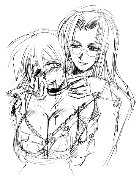 integra hellsing, seras victoria, hellsing, 2girls, breasts, cleavage, glasses, monochrome, multiple girls