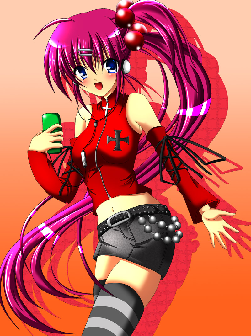 chi bame, chubame, saigusa haruka, little busters!, 1girl, blue eyes, blush, breasts, cellphone, female focus, hair ornament, long hair, midriff, phone, pink hair, ponytail, purple hair, shorts, side ponytail, solo, striped clothes, striped thighhighs, thighhighs