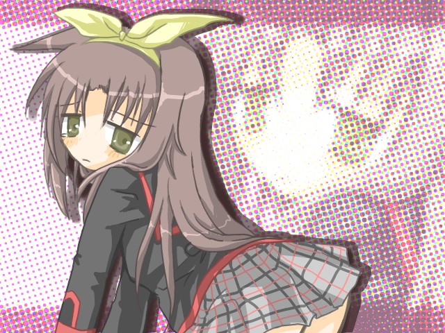 hime tsuki mayu, naoe riki, little busters!, bad id, bad pixiv id, gender request, 1boy, blush, brown eyes, brown hair, crossdressing, crossdressing (mtf), genderswap, green eyes, hair ribbon, long hair, male focus, plaid clothes, plaid skirt, ribbon, school uniform, skirt, solo, trap