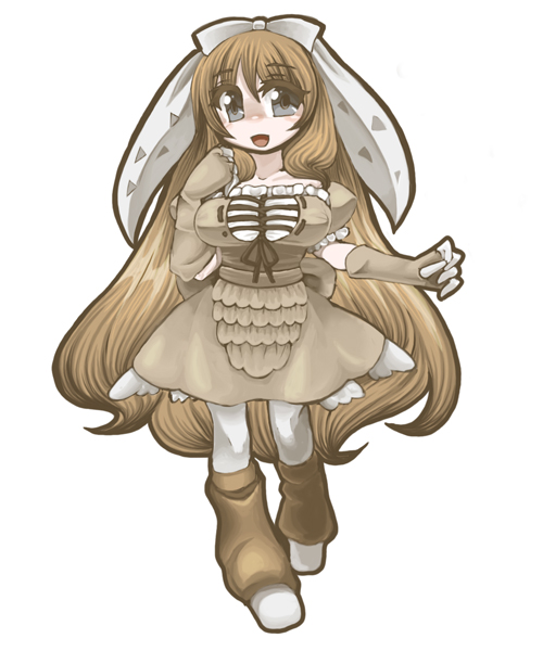 rukani, pinsir, nintendo, pokemon, 1girl, :d, bow, breasts, brown dress, brown hair, dress, fingerless gloves, full body, gen 1 pokemon, gloves, grey eyes, hair bow, long hair, looking at viewer, medium breasts, open mouth, pantyhose, personification, short sleeves, smile, solo, standing, very long hair, white bow, white pantyhose