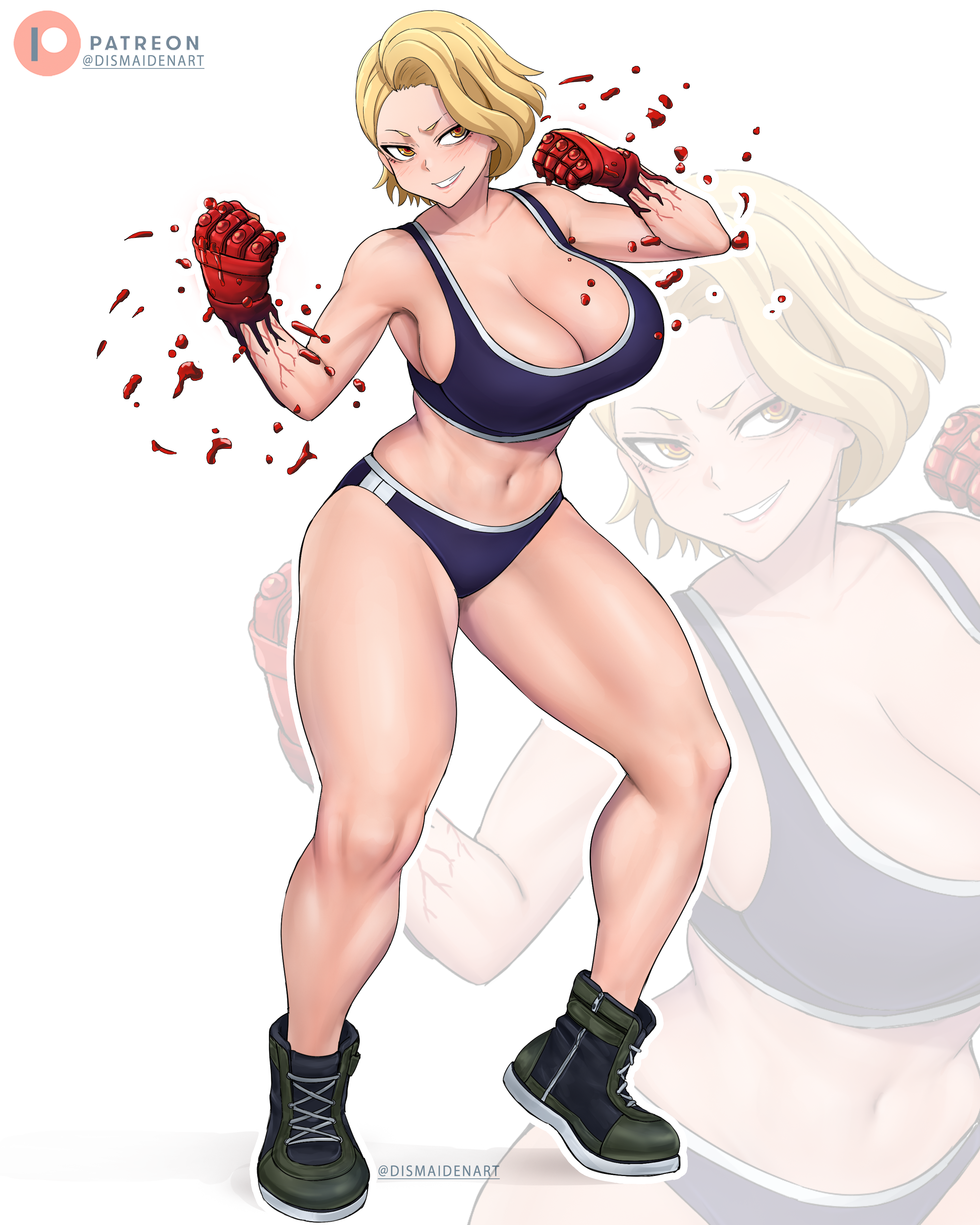 dismaiden, sazanami kuina, tougen anki, absurdres, commentary, commission, english commentary, highres, 1girl, blonde hair, boots, breasts, collarbone, curtained hair, full body, gloves, grin, hands up, huge breasts, looking at viewer, navel, patreon logo, patreon username, red gloves, smile, sports bra, standing, thick thighs, thighs, twitter username, v-shaped eyebrows, yellow eyes, zoom layer