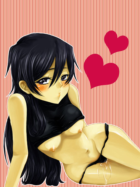 neginukiramen, some, luluko, code geass, bad id, 00s, 1girl, bare shoulders, black hair, black panties, blush, breasts, clothes lift, cum, female focus, genderswap, genderswap (mtf), heart, long hair, lying, medium breasts, midriff, nipples, panties, pout, purple eyes, pussy juice, shirt lift, sleeveless, solo, underwear