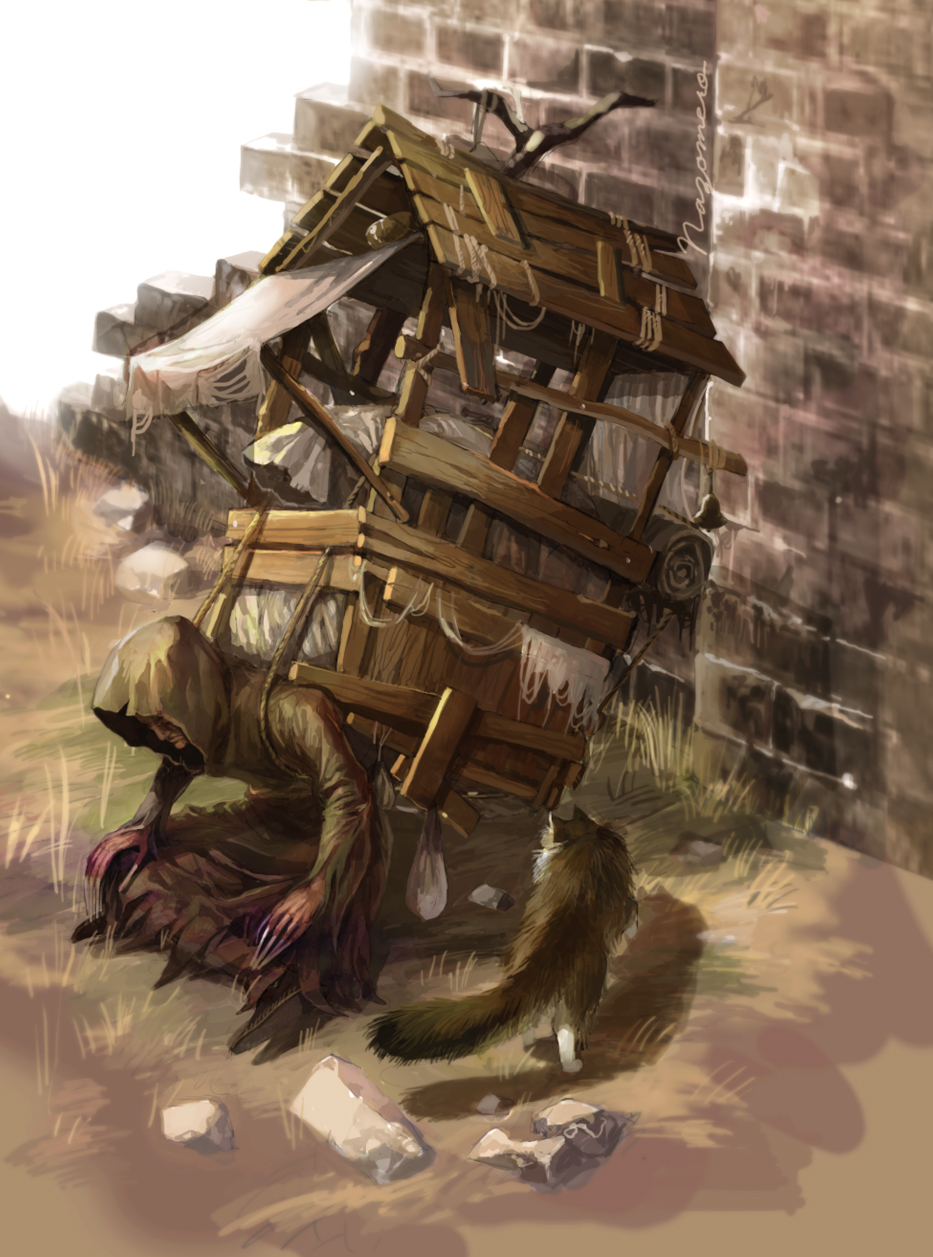 nazomero, merchant hag melentia, sweet shalquoir, dark souls (series), dark souls ii, commentary request, highres, 1girl, brick wall, brown cat, brown dress, cart, cat, dress, full body, grass, hood, hood up, hooded dress, long sleeves, outdoors, rock, sitting, solo