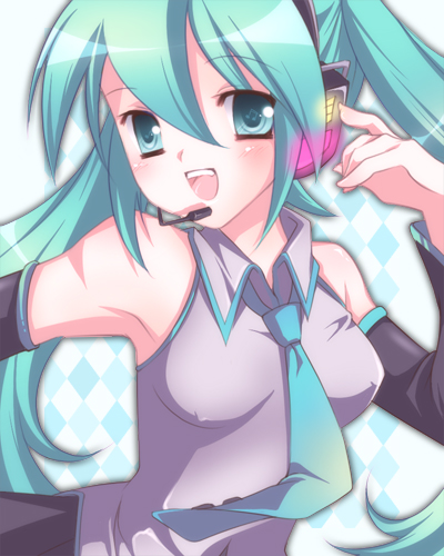 sakanaya (pixiv), suzuki sakanaya, hatsune miku, vocaloid, lowres, detached sleeves, green eyes, green hair, headset, long hair, microphone, necktie, open mouth, solo
