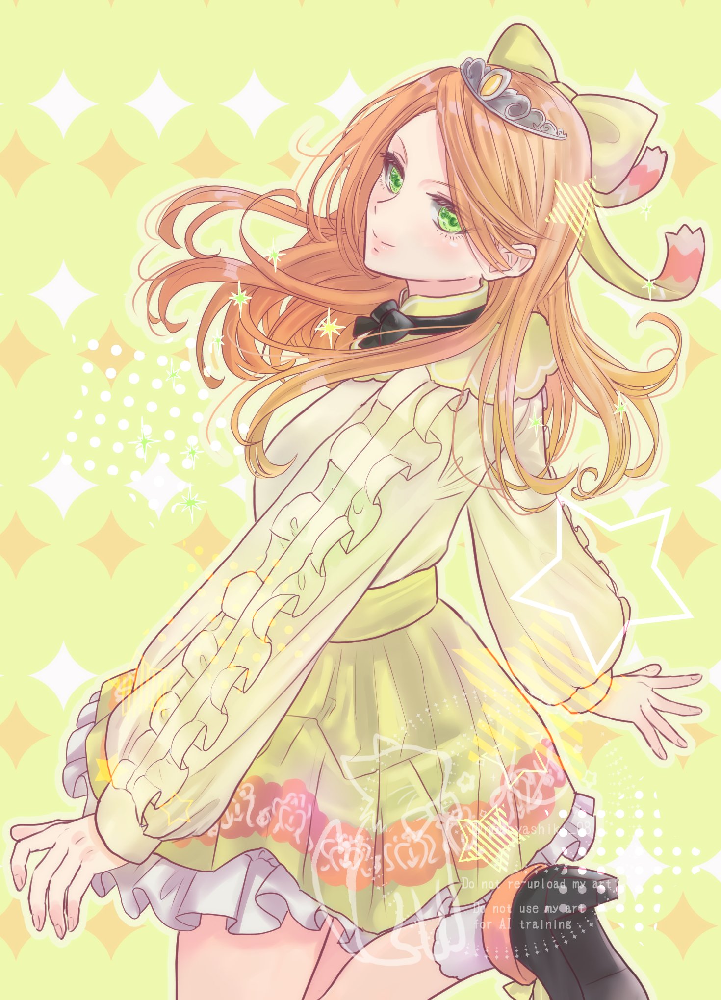 nekoyashiki 08, etie (fire emblem), fire emblem, fire emblem engage, nintendo, highres, 1girl, black bow, black bowtie, blush, bow, bowtie, breasts, closed mouth, green bow, green eyes, green shirt, green skirt, hair bow, long hair, long sleeves, orange hair, shirt, shoes, skirt, smile, socks, solo, tiara, white socks, yellow shirt, yellow skirt