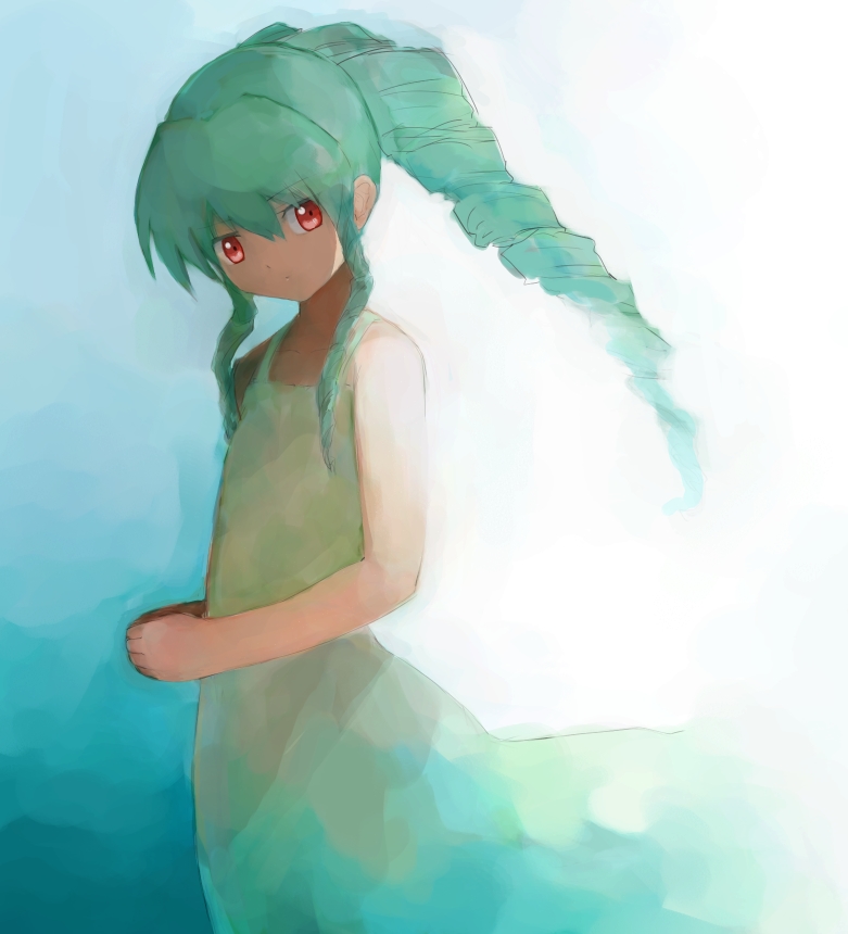 nyama, vanilla h, galaxy angel, bad id, bad pixiv id, 00s, 1girl, aqua hair, dress, drill hair, expressionless, female focus, flat chest, gradient background, hair between eyes, long hair, looking at viewer, looking back, own hands together, profile, red eyes, sidelocks, solo, standing, sundress