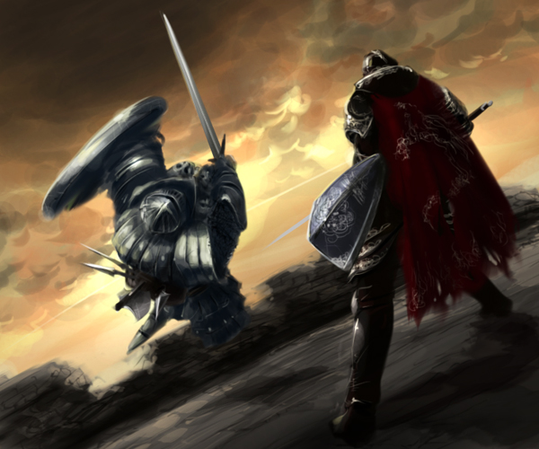 bearer of the curse, the pursuer, dark souls (series), dark souls ii, commentary request, 1boy, 1other, ambiguous gender, armor, brown sky, cape, cloud, duel, full armor, full body, helm, helmet, holding, holding shield, holding sword, holding weapon, knight, looking at another, ooshima (toddy), pauldrons, red cape, shield, shoulder armor, standing, sword, weapon