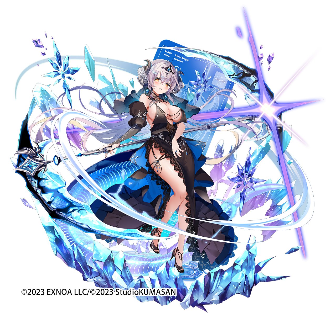 emia (castilla), sasha (twinkle star knights), twinkle star knights, 1girl, black dress, breasts, dress, evening gown, holding, holding weapon, horns, large breasts, tail, weapon, white hair, yellow eyes