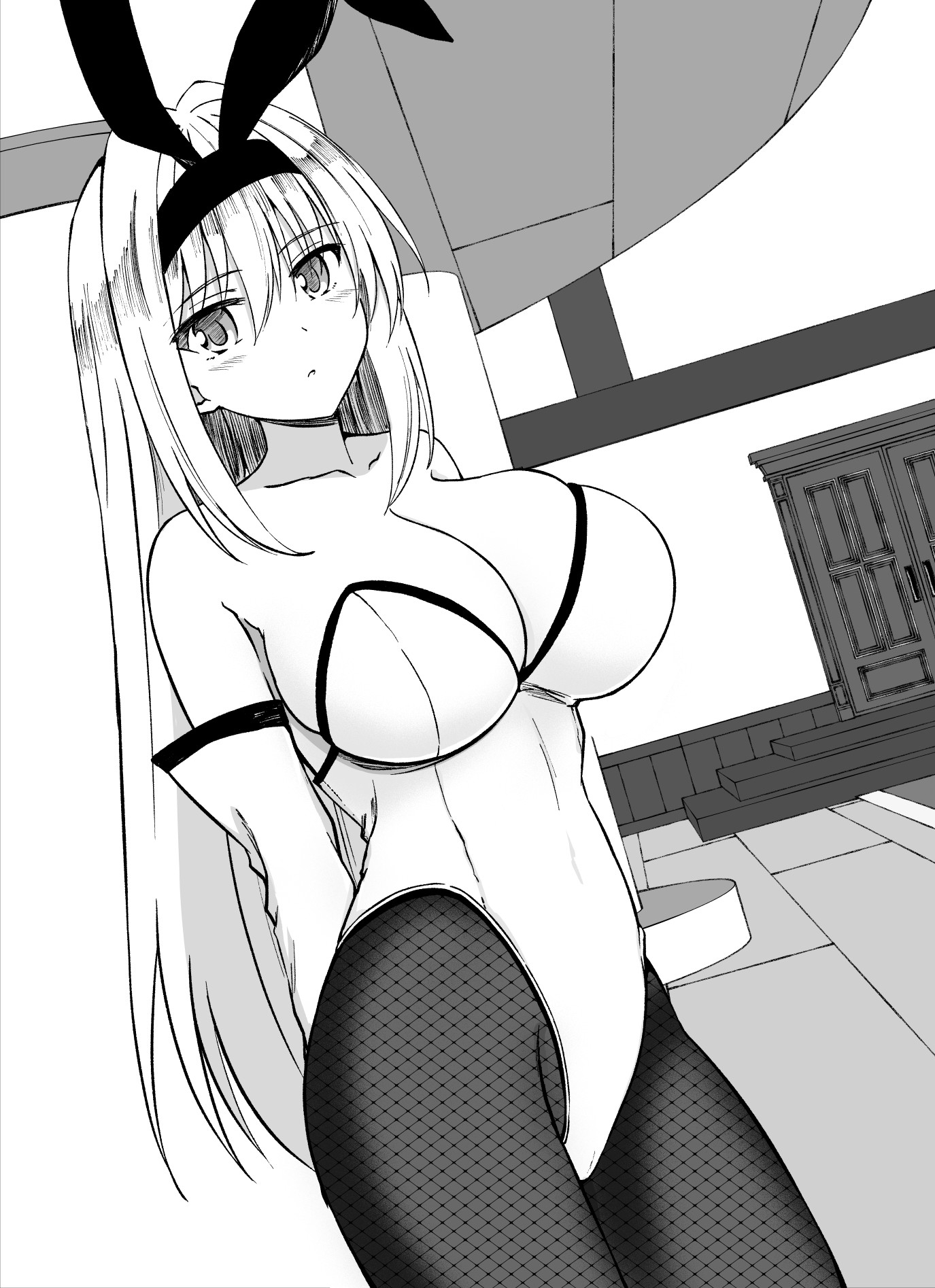 hako roku, ravi, makai gacha wa kyou mo shibui, highres, non-web source, variant set, 1girl, arm behind back, bare shoulders, blush, breasts, cleavage, collarbone, covered navel, cowboy shot, detached sleeves, door, fishnet pantyhose, fishnets, greyscale, hair between eyes, hair down, hairband, highleg, highleg leotard, indoors, large breasts, leotard, long hair, looking at viewer, monochrome, pantyhose, parted lips, playboy bunny, sidelocks, solo, standing