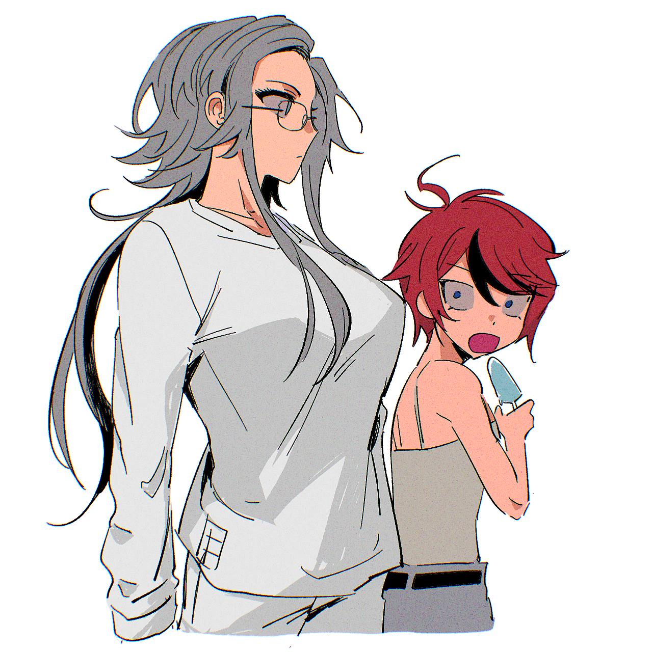 nodplus50pts, aotsuki eito, sumino takumi, the hundred line -last defense academy-, highres, 2girls, ahoge, black streaks, blue eyes, breasts, chromatic aberration, cropped legs, expressionless, film grain, food, genderswap, genderswap (mtf), glasses, grey hair, holding, holding food, holding popsicle, large breasts, long hair, looking ahead, looking at another, low neckline, melting popsicle, multicolored hair, multiple girls, open mouth, pants, popsicle, red hair, shirt, short hair, simple background, streaked hair, surprised, white background, white pants, white shirt, wide-eyed