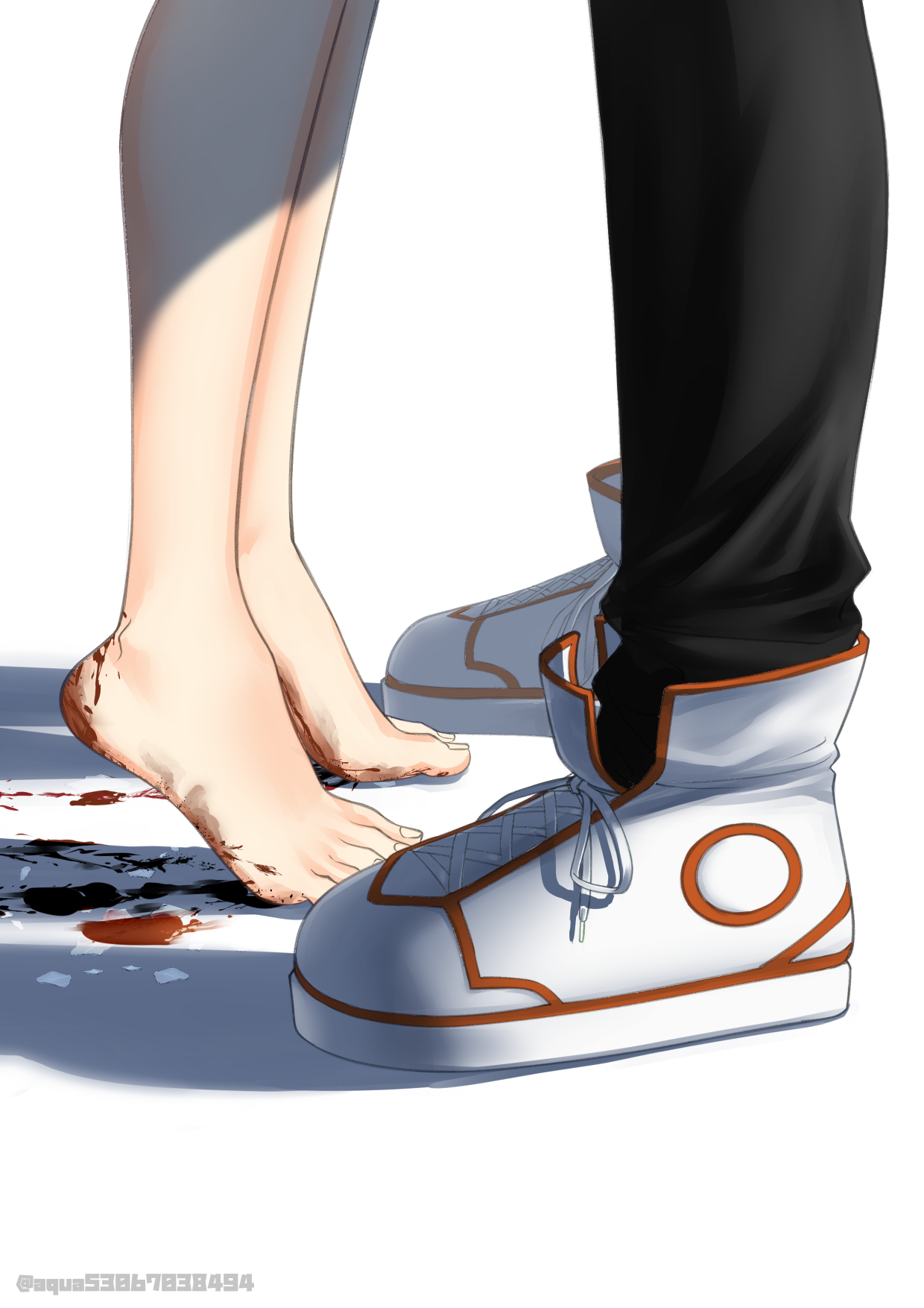 illust aqua, denji (chainsaw man), reze (chainsaw man), chainsaw man, highres, 1boy, 1girl, barefoot, black pants, blood, blood on feet, feet, glass shards, injury, lower body, pants, shorts, simple background, standing, tiptoes, white background, white shorts