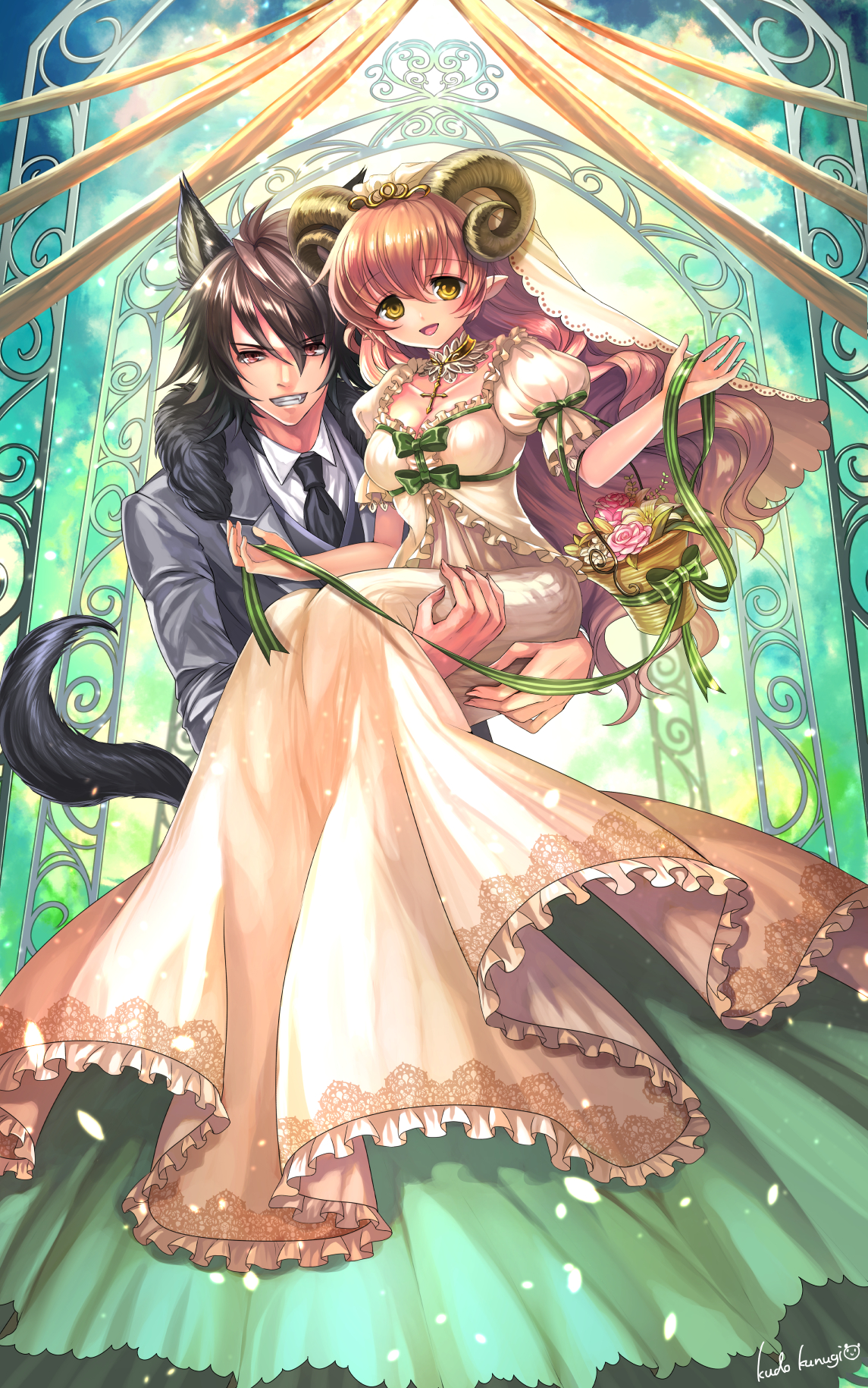 kudo kunugi, original, commentary request, highres, 1boy, 1girl, :d, animal ears, artist name, basket, black hair, black necktie, blouse, breasts, bridal veil, bride, carrying, carrying person, choker, closed mouth, collarbone, collared shirt, cross, dress, fang, flower basket, frilled dress, frills, green ribbon, grey jacket, grin, groom, headpiece, holding, holding basket, horns, husband and wife, jacket, latin cross, light particles, long dress, long hair, long sleeves, medium breasts, necktie, open mouth, pointy ears, puffy short sleeves, puffy sleeves, red eyes, ribbon, ringed eyes, sheep girl, sheep horns, shirt, short hair, short sleeves, signature, sleeve ribbon, smile, tail, tuxedo, veil, wedding, wedding dress, white choker, white dress, white shirt, white veil, wolf boy, wolf ears, wolf tail, yellow eyes