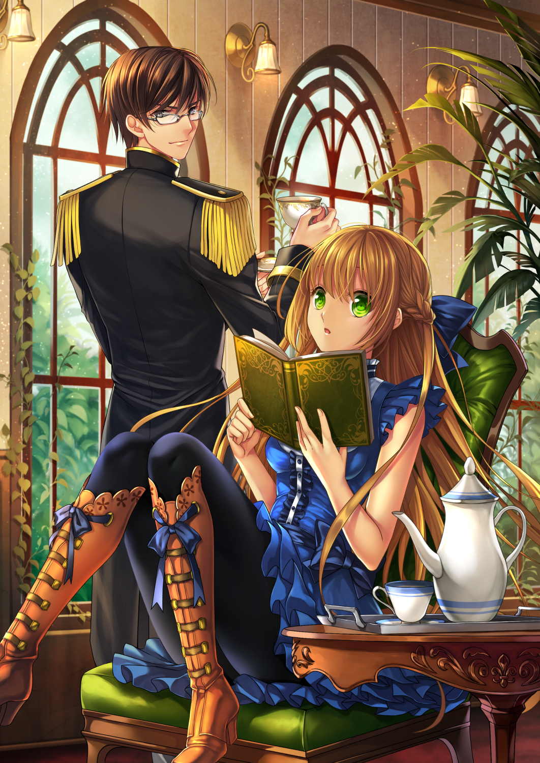 kudo kunugi, original, commentary request, highres, 1boy, 1girl, :o, black jacket, black pants, black pantyhose, blue bow, blue dress, book, boots, bow, braid, breasts, brown boots, brown hair, center frills, chair, closed mouth, cup, day, dress, epaulettes, frills, glasses, green eyes, grey-framed eyewear, hair bow, half up braid, holding, holding book, indoors, jacket, knee boots, long hair, long sleeves, looking at viewer, looking back, medium breasts, on chair, open book, pants, pantyhose, parted lips, saucer, short dress, short hair, short sleeves, sitting, table, teacup, teapot, tray, turtleneck, turtleneck dress, window