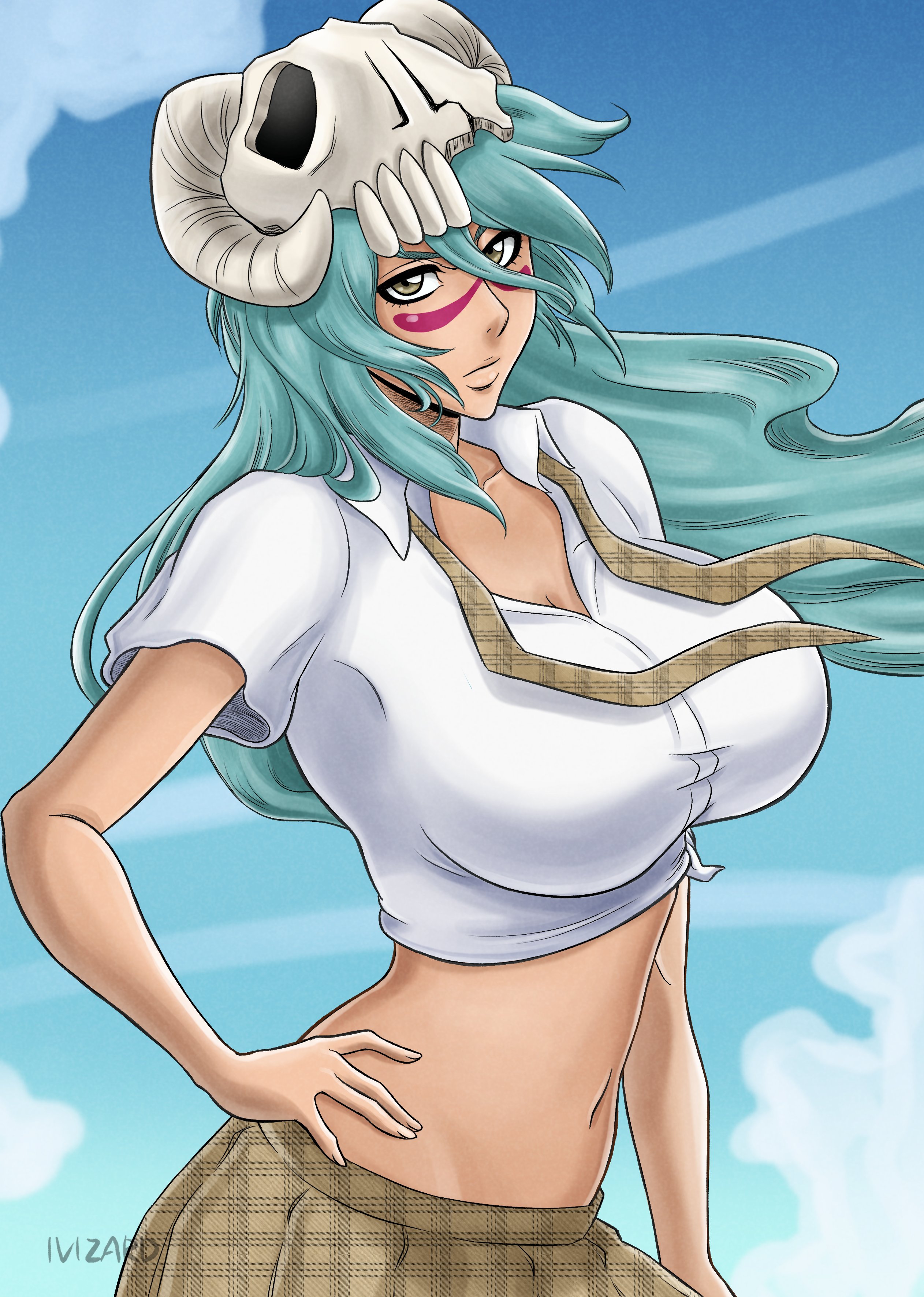 ivizard art93, nelliel tu odelschwanck, bleach, 1girl, breasts, green hair, large breasts, long hair, looking at viewer, midriff, navel, skirt, solo