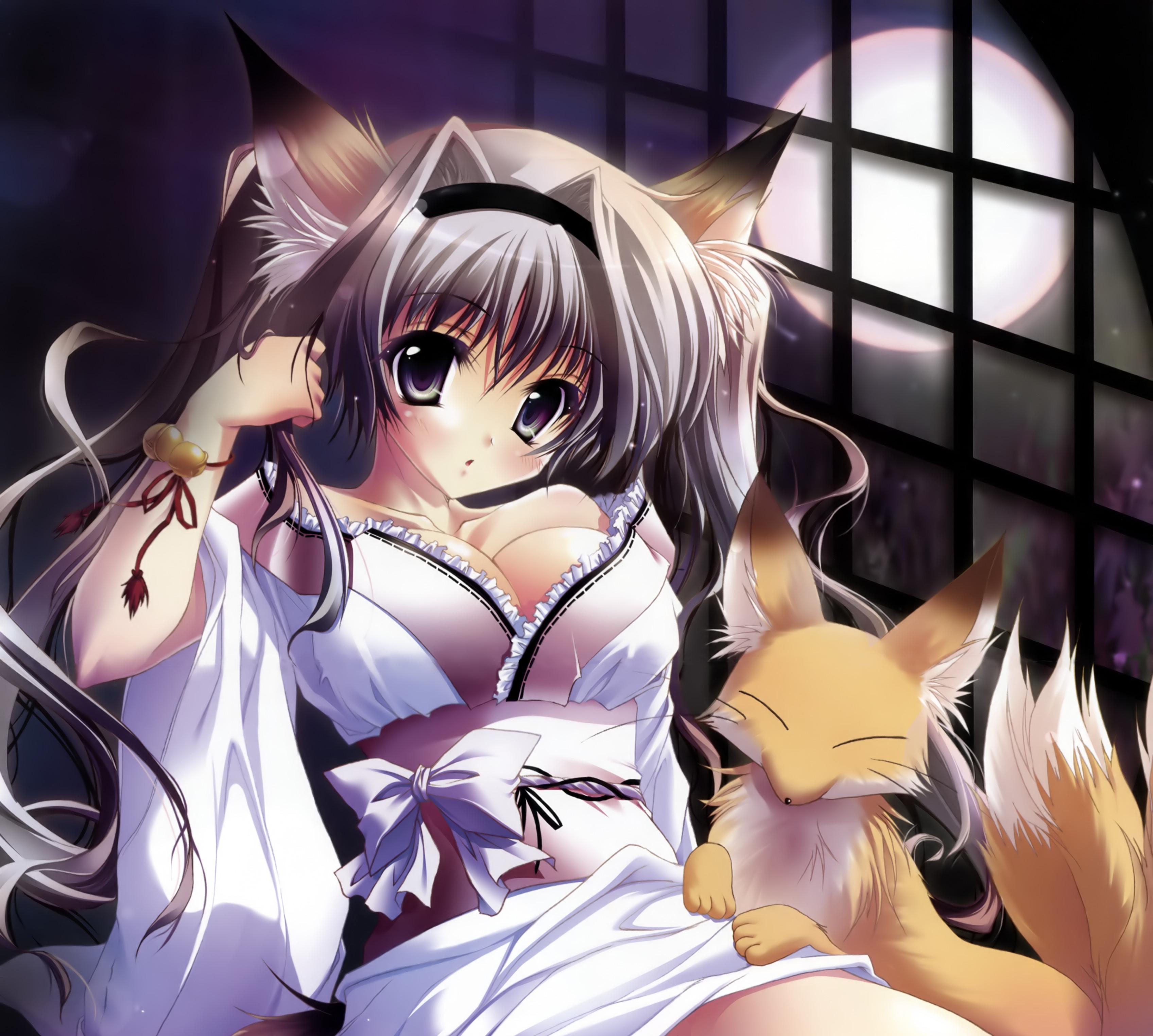 absurdres, cropped, highres, animal ear fluff, animal ears, fox, fox ears, grey eyes, grey hair, japanese clothes, moon, solo, twintails