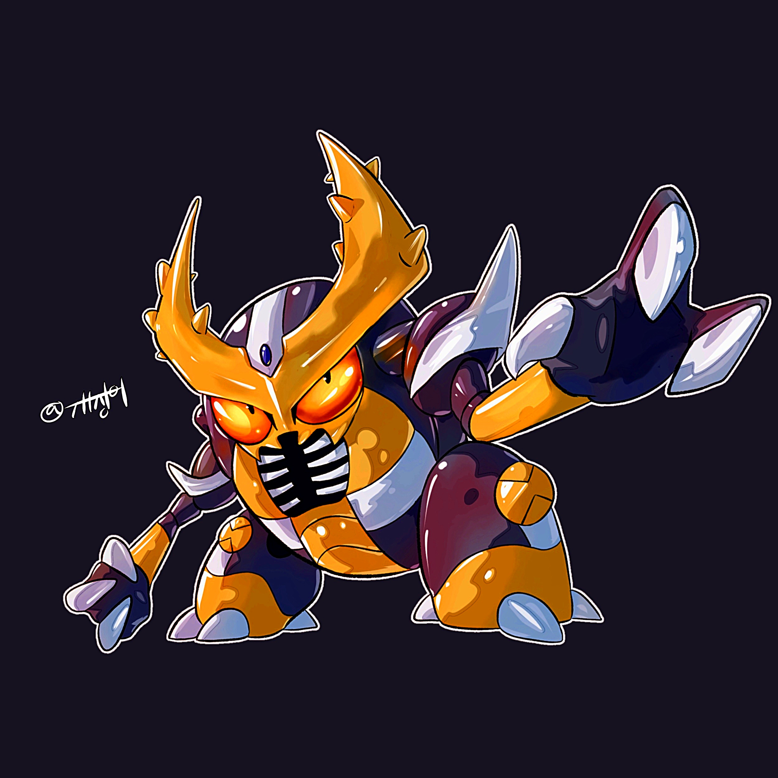 eeldog, pinsir, kamen rider, nintendo, pokemon, absurdres, highres, black background, fighting stance, full body, gen 1 pokemon, no humans, orange eyes, pokemon (creature), solo