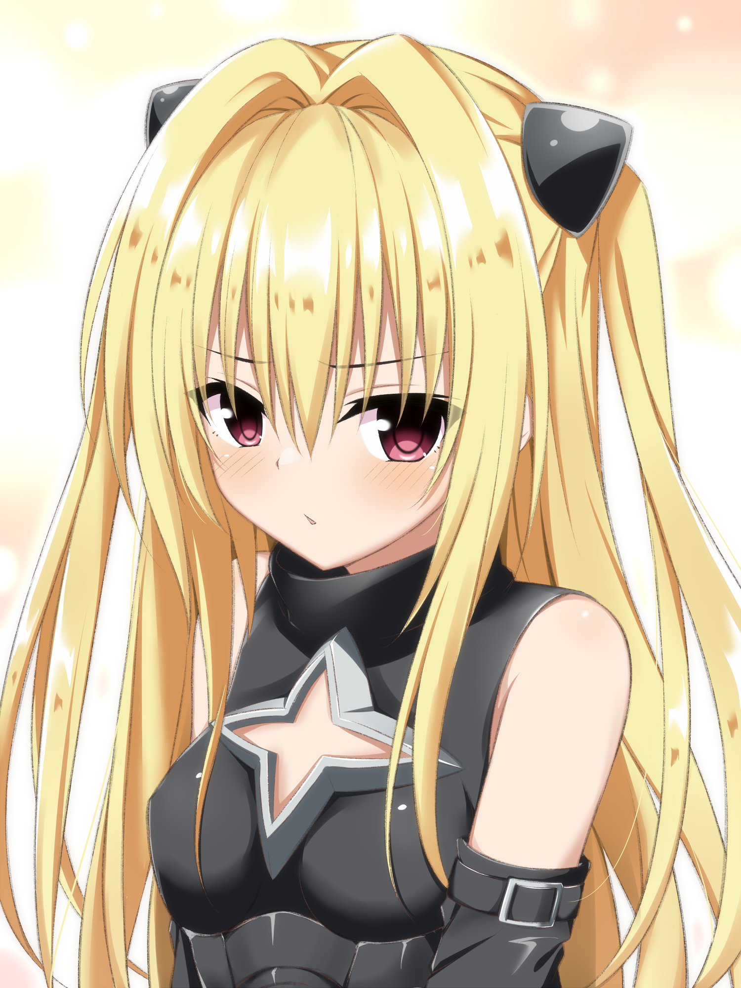 asagi nanami, konjiki no yami, to love-ru, commentary request, highres, partial commentary, 1girl, bare shoulders, black dress, blonde hair, blush, breasts, clothing cutout, detached sleeves, dress, frown, hair between eyes, hair intakes, long hair, looking at viewer, outline, parted lips, red eyes, sidelocks, simple background, sleeveless, sleeveless dress, small breasts, solo, star cutout, straight hair, two side up, v-shaped eyebrows, very long hair, white outline, yellow background