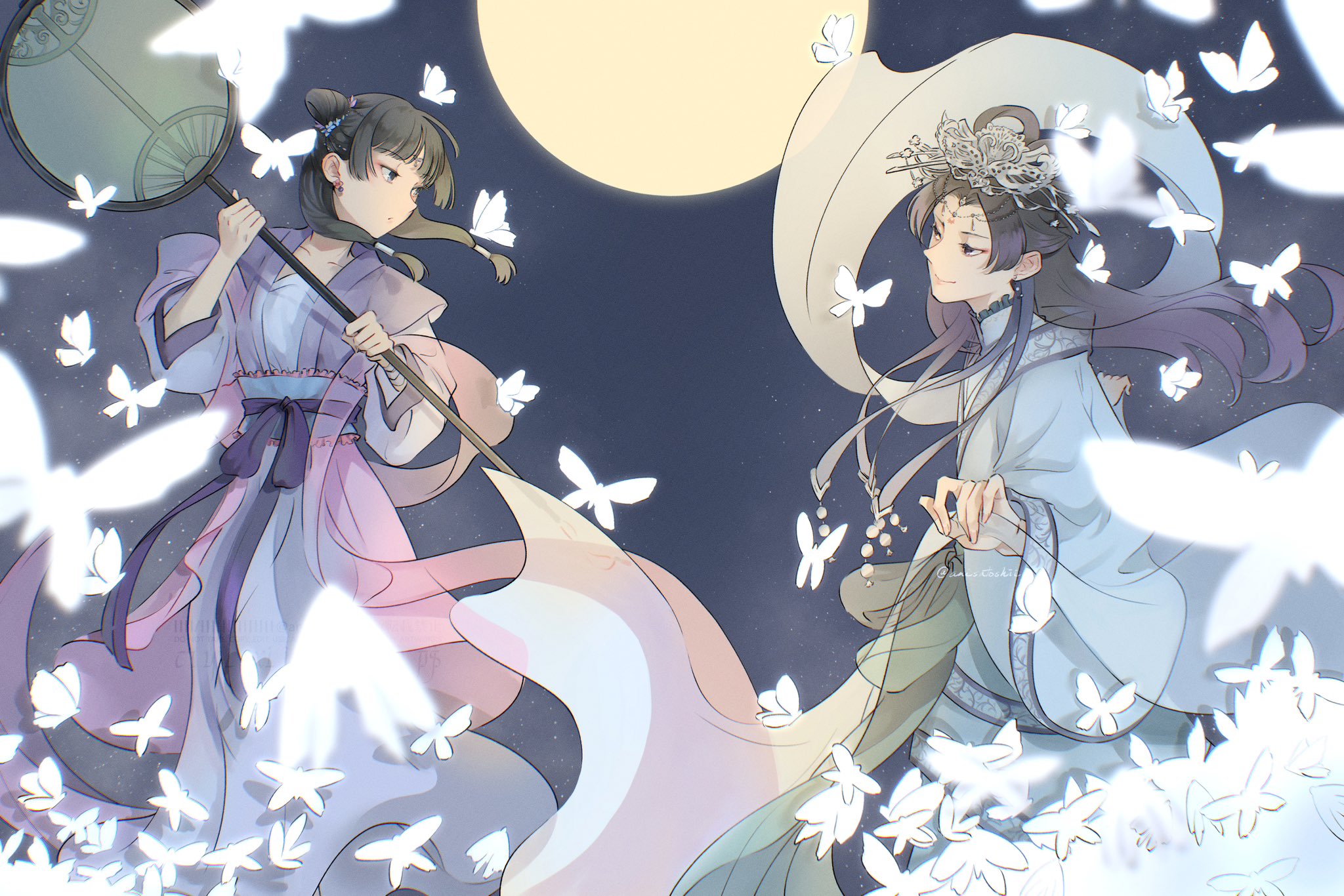 anisatoshii, jinshi (kusuriya no hitorigoto), maomao (kusuriya no hitorigoto), kusuriya no hitorigoto, highres, 1boy, 1girl, blunt bangs, bug, butterfly, chinese clothes, feet out of frame, full moon, green hair, hair bun, hair tubes, half updo, hand fan, headdress, holding, holding fan, insect, long hair, looking at another, moon, parted bangs, purple hair, sidelocks, smile, twitter username, white butterfly, wide sleeves