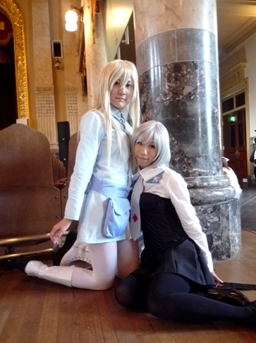 eila ilmatar juutilainen, sanya v. litvyak, strike witches, world witches series, cosplay photo, lowres, photo (medium), 2girls, asian, black pantyhose, blonde hair, cosplay, multiple girls, pantyhose, white hair, white pantyhose