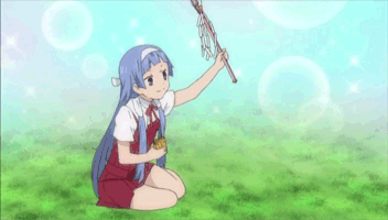 nagi, kannagi, animated, animated gif, anime screenshot, lowres, 00s, blue hair, blunt bangs, food, hairband, long hair, school uniform, solo, taiyaki, wagashi, wand
