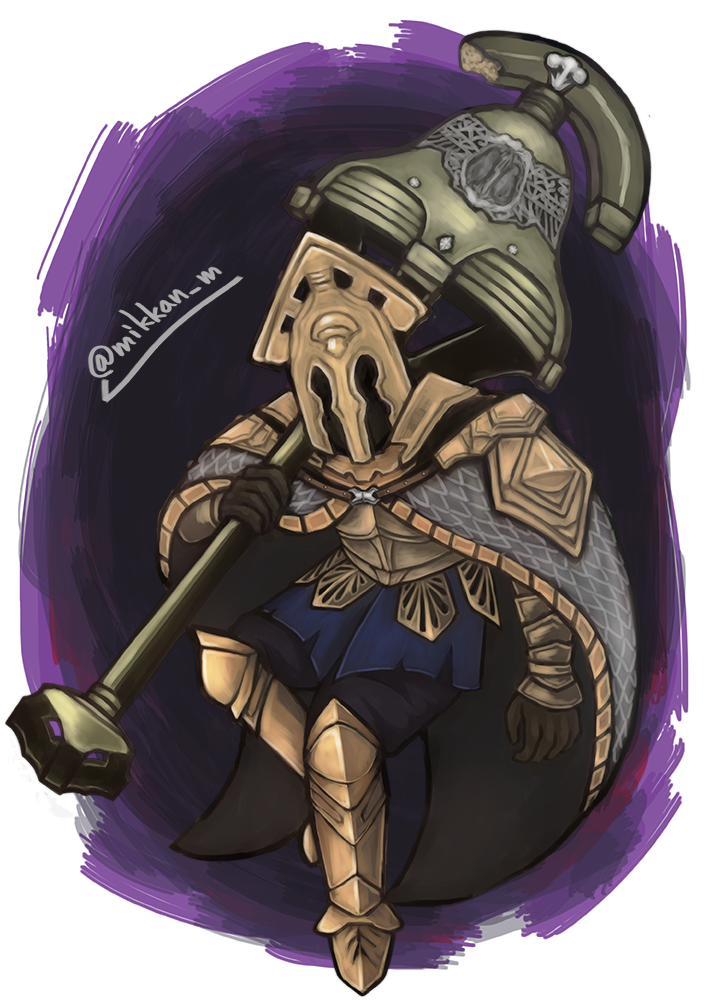 velstadt the royal aegis, dark souls (series), dark souls ii, commentary request, 1boy, armor, armored boots, black pants, boots, border, breastplate, cape, full armor, full body, gauntlets, grey cape, helm, helmet, holding, knight, male focus, mikanchi, pants, purple background, solo, white border